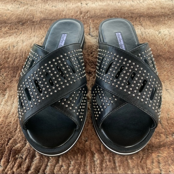 Charles David Sneaky Leather Studded Slide Sandal - Picture 2 of 11